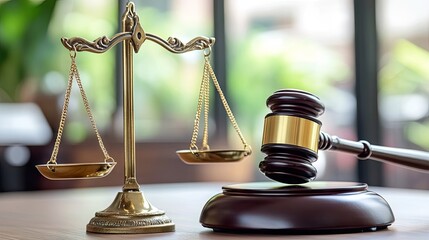 Symbolic photo of gavel and golden scales of justice on table, emphasizing legal authority and fairness in the justice system