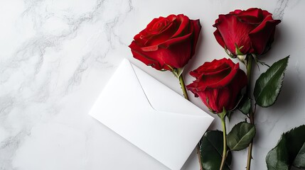 Three fully bloomed red roses resting on a plain white envelope, isolated on a clean background, perfect for Valentine, love, and wedding concepts