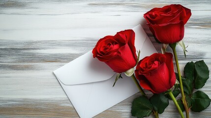 Three red roses arranged diagonally on a white envelope, creating a simple and elegant composition for love letters or greeting card concepts