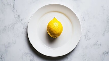 Top-down view of a solitary lemon on simple white ceramic plate, minimalist food photography with clean aesthetics