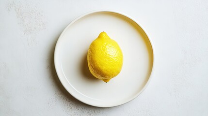 Top-down view of a solitary lemon on simple white ceramic plate, minimalist food photography with clean aesthetics