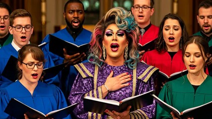 A diverse and inclusive choir performs a powerful song together with a passionate drag queen singing lead vocals in a beautiful and accepting community gathering or church service