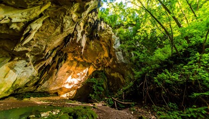 Sunlight streams into a lush forest cave, illuminating stalactites and rock formations.