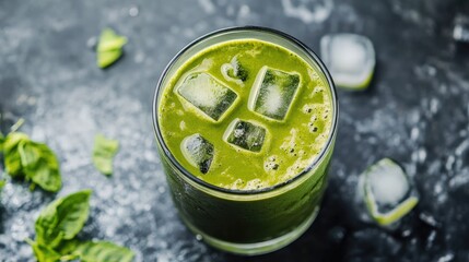 Top view of iced matcha latte in clear cup with ice cubes, showing layered creamy texture, representing healthy drinks and summer refreshment