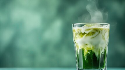 Transparent glass of iced matcha latte with swirling milk, set on clean background, perfect for modern food and drink photography