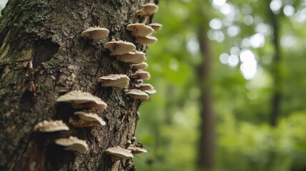 Tree trunk with small fungi colonies emerging from bark, symbolizing growth, forest resilience, and woodland ecology
