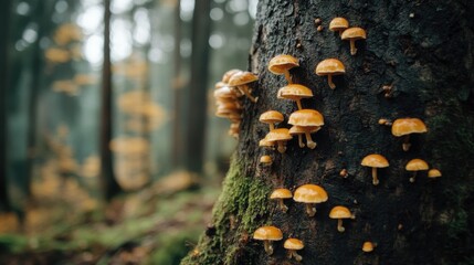 Tree trunk with small fungi colonies emerging from bark, symbolizing growth, forest resilience, and woodland ecology