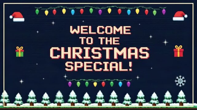 A retro 8 bit pixel art graphic welcomes viewers to the christmas special with a festive design of lights santa hats and snowy trees for a nostalgic holiday greeting
