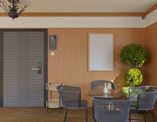 Cozy, sunlit indoor cafe area with a gray door, light-brown walls, and a round table