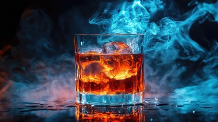 Vibrant cocktail glass with liquid splash and smoky ice vapor rising, captured in dramatic lighting, symbolizing nightlife, luxury drinks, and mixology art