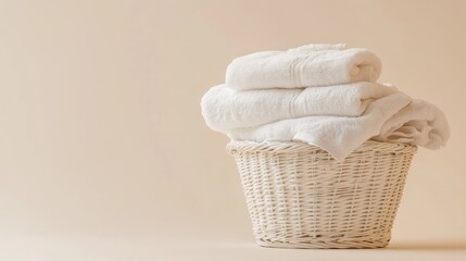 White laundry basket stacked with clean towels and clothes, placed on a light beige background, representing freshness, hygiene, and domestic lifestyle