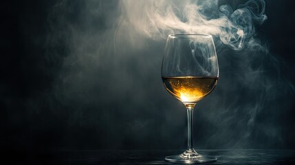 Wine glass filled with foggy smoke, curling and pouring out over the rim, with dramatic shadows and high contrast atmosphere