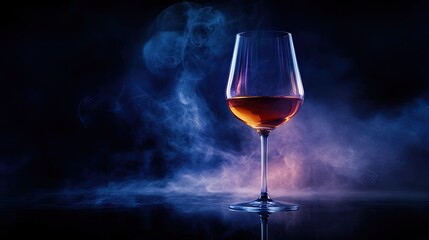 Wine glass standing on a reflective surface, with mystical smoke flowing out elegantly, creating a sense of mystery and luxury