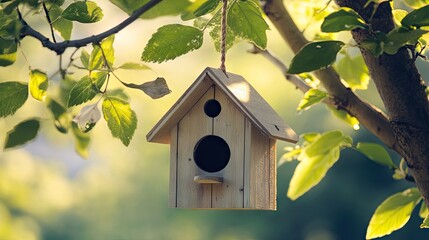 Wooden birdhouse with gabled roof, hanging from a rope on a tree, framed by fresh spring leaves, symbolizing simplicity, nature, and outdoor life