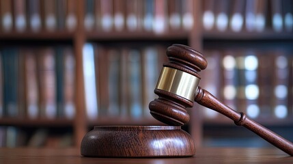 Wooden gavel placed on sound block with blurred background of legal library, symbolizing authority, law, and order