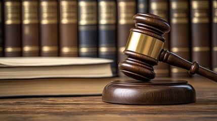 Obraz premium Wooden judge gavel resting on sound block with law books in background, symbolizing justice, fairness, and legal authority