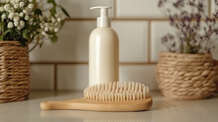 Wooden massage brush with shampoo bottle on clean surface, studio shot highlighting sustainable bathroom accessories