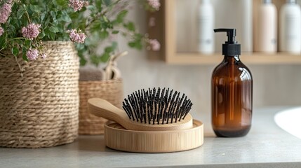 Wooden massage shower brush next to shampoo bottle on bathroom counter, minimal and natural personal care concept