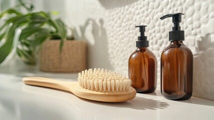 Wooden massage shower brush next to shampoo bottle on bathroom counter, minimal and natural personal care concept