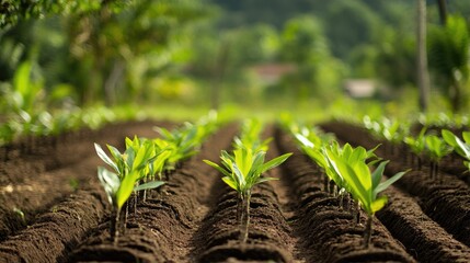 Young palm oil tree seedlings planted in neat rows, capturing early plantation growth and sustainable agriculture practices