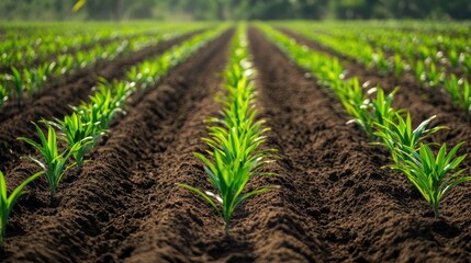 Young palm oil tree seedlings planted in neat rows, capturing early plantation growth and sustainable agriculture practices