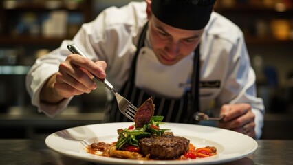 A professional male chef is arranging and garnishing a dish with meat and vegetables on a plate. Concept of haute cuisine and restaurant service