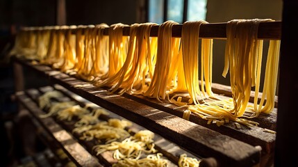 Fresh Pasta Drying on Rack Under Sunlight for Homemade Cuisine
