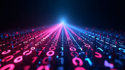 Abstract digital stream of glowing binary code illuminated by vibrant pink and blue light beams in a dark futuristic environment