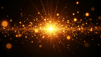 Fototapeta premium Bright glowing explosion of golden sparks and bokeh lights against a dark background symbolizing celebration and energy