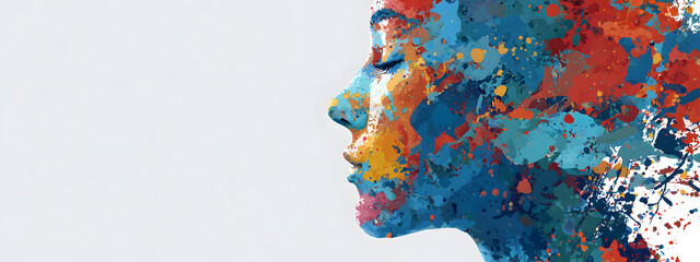 Fototapeta premium Mental health and creative abstract concept. Colorful illustration of happy womale head in paint splatter style. Mindfulness and self care idea. Banner white background. Copy space. Generative AI.