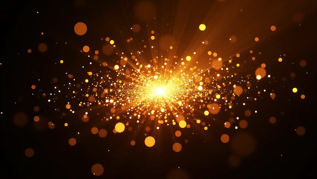 Bright golden sparks and bokeh lights exploding outwards from a central glowing light source on a dark background