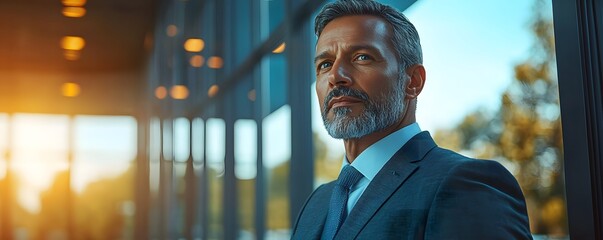 Senior Indian business executive gazing thoughtfully through office window