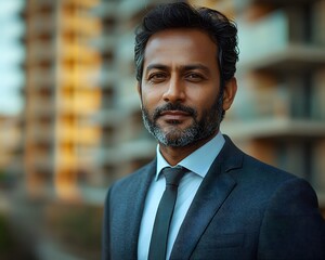 Fototapeta premium Confident businessman posing in front of high rise development project