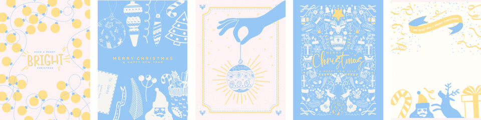 Cute hand-drawn Christmas greeting card posters with seasonal xmas decor illustrations with copy space. Christmas balls, lights, xmas decoration. For prints, backgrounds, banners, social media. Vector