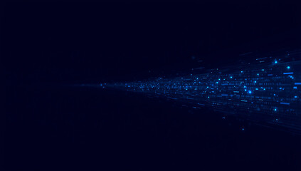 Abstract blue digital data stream flowing from darkness into light with glowing particles and light trails