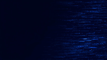 Abstract dark blue background with glowing digital glitch effect and scattered light particles
