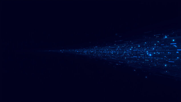 Abstract blue digital data stream flowing from darkness into light with glowing particles and light trails - Powered by Adobe