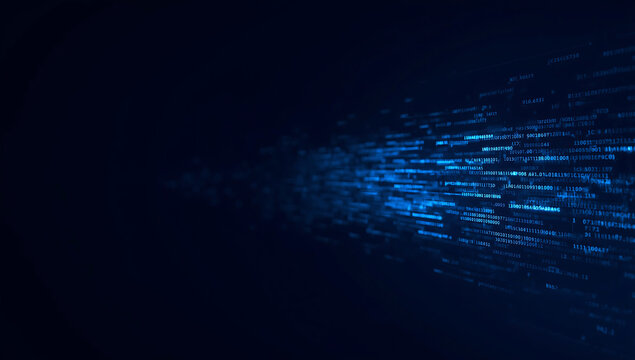 Abstract glowing blue digital data stream flowing into a dark futuristic technological background with binary code elements
