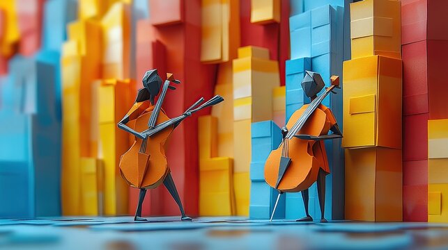 Colorful paper art musicians playing cello in abstract cityscape vibrant handcrafted scene blending urban architecture with artistic expression and musical creativity