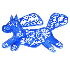 Blue and white Gzhel horse, pony, foal, trotter, jumping. Gouache painting in folk art, craft, children style. Funny characters, bright colours.