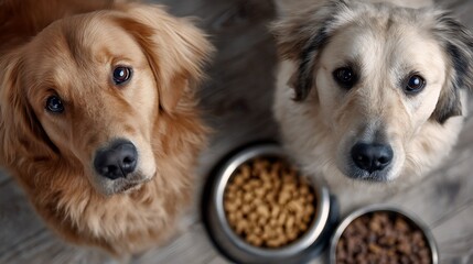 Two Dogs Looking Upward Near Bowls of Food Ready to Eat