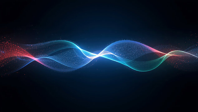 Abstract glowing digital wave of particles in a dark background with vibrant blue and red light