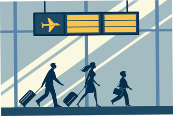 Airport departure terminal signboard with travelers.