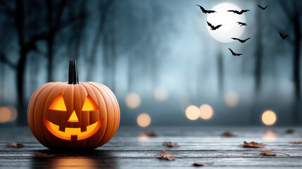 Halloween pumpkin jack o'lantern glowing in dark forest with bats flying under full moon, spooky night atmosphere