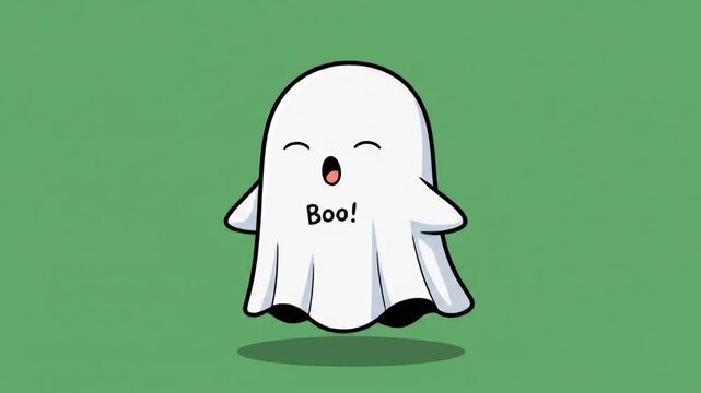 Playful Parade: Animated Cartoon Ghosts Saying 'Boo!' on a Green Background
