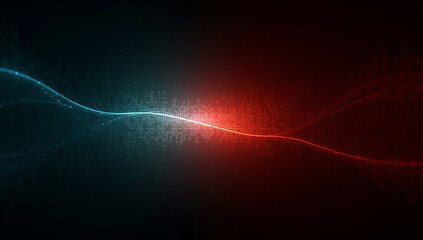 Abstract glowing digital wave of light particles in contrasting blue and red colors on a dark background