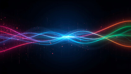 Abstract glowing colorful light waves with particles creating a vibrant energy flow on a dark background