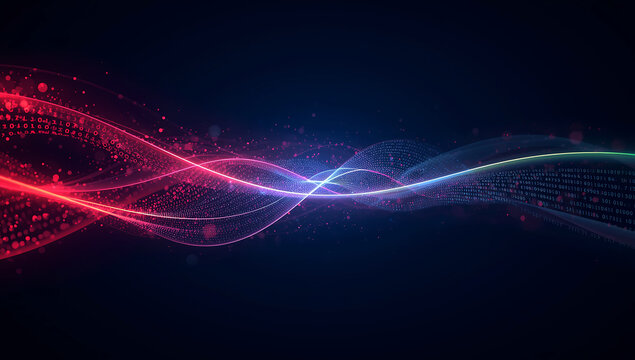 Abstract digital wave of glowing red and blue light particles flowing across a dark background with binary code elements