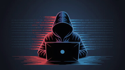 Anonymous hacker in a dark room wearing a hooded sweatshirt working on a laptop with glowing digital data streams