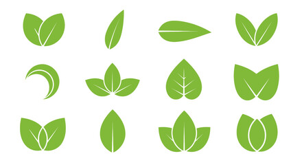 Collection of green leaf icons and symbols for nature and ecology